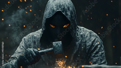 Ghostly blacksmith at his anvil, Halloween masks floating around, eerie lighting, cinematic style, isolated on white background photo