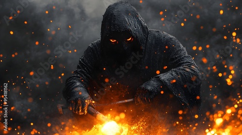 Ghostly blacksmith at his anvil, Halloween masks floating around, eerie lighting, cinematic style, isolated on white background photo