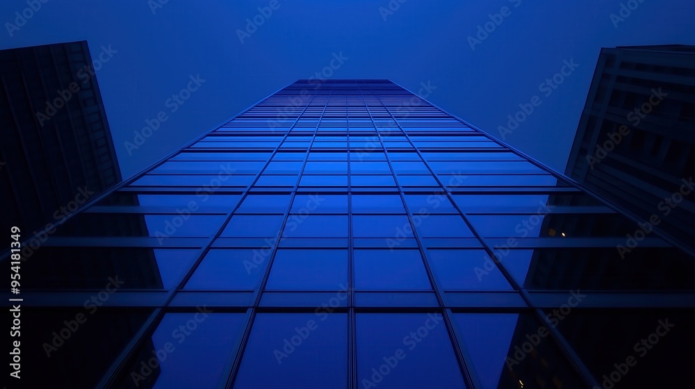 Fototapeta premium A tall building with blue glass windows reflecting the sky