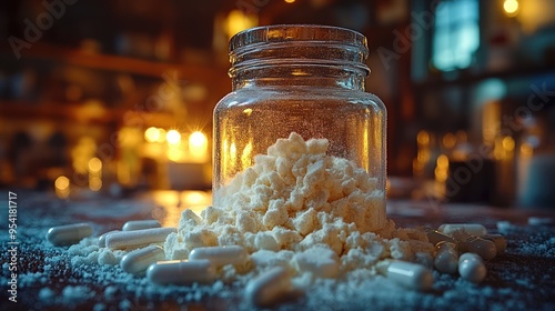 A glass jar filled with white powder, with white pills scattered around it. The background is blurry and contains a warm, candlelit atmosphere. photo