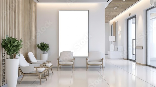 Modern white waiting area with three white chairs and a large blank canvas.