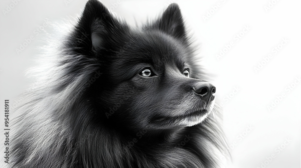 Obraz premium Close-up of a fluffy black dog's face looking to the right.