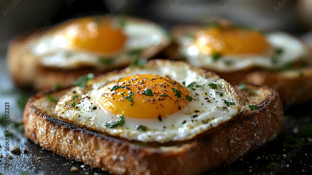 Close-up of a fried egg on toast with parsley and pepper. Close-up of a fried egg on toast with parsley and pepper.