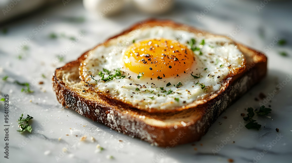 Close-up of a fried egg on toast with parsley and pepper. Close-up of a fried egg on toast with parsley and pepper.