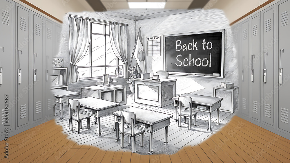 A pencil sketch of a classroom with grey lockers, depicting a nostalgic, back to school concept.
A pencil sketch of a classroom with grey lockers, depicting a nostalgic, back to school concept.
