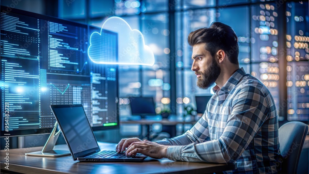 Full-stack developer working on cloud integration, coding in the background, modern software development process. Full-stack developer working on cloud integration, coding in the background, modern software development process.