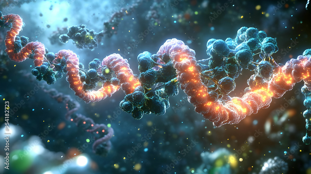 Close-up of a glowing DNA molecule with a blue and orange color scheme. Close-up of a glowing DNA molecule with a blue and orange color scheme.