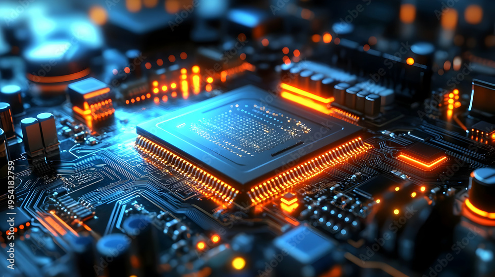 Close-up of a glowing microprocessor on a circuit board. Close-up of a glowing microprocessor on a circuit board.