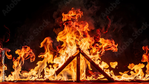 Fiery inferno with intense flames and smoke, isolated on black background. Perfect for design projects related to heat, power, and energy. 
 photo