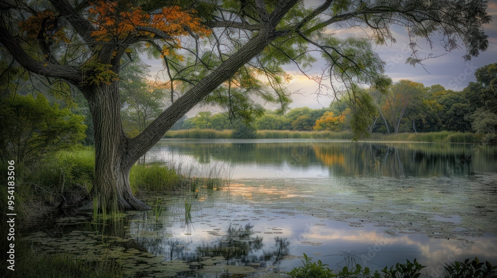 Tranquil Pond Surrounded by Autumn Trees Tranquil Pond Surrounded by Autumn Trees