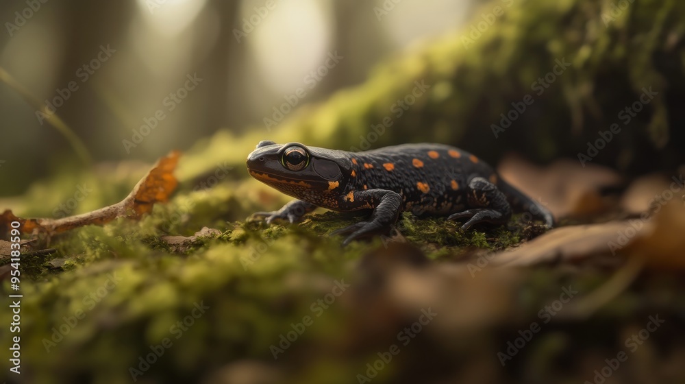 A black and orange spotted newt on moss with a blurred forest background A black and orange spotted newt on moss with a blurred forest background