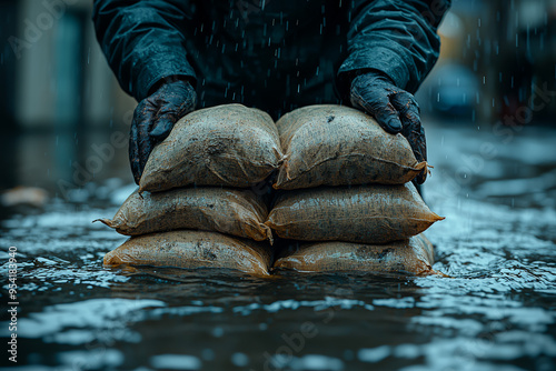 A person using sandbags to protect their home from rising floodwaters. Concept of flood prevention and emergency measures. photo