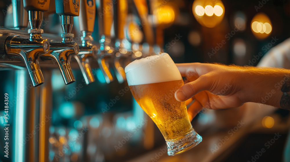 A bartender pours foamy beer from the tap into a glass at a bar with several beer dispensers. Oktoberfest concept