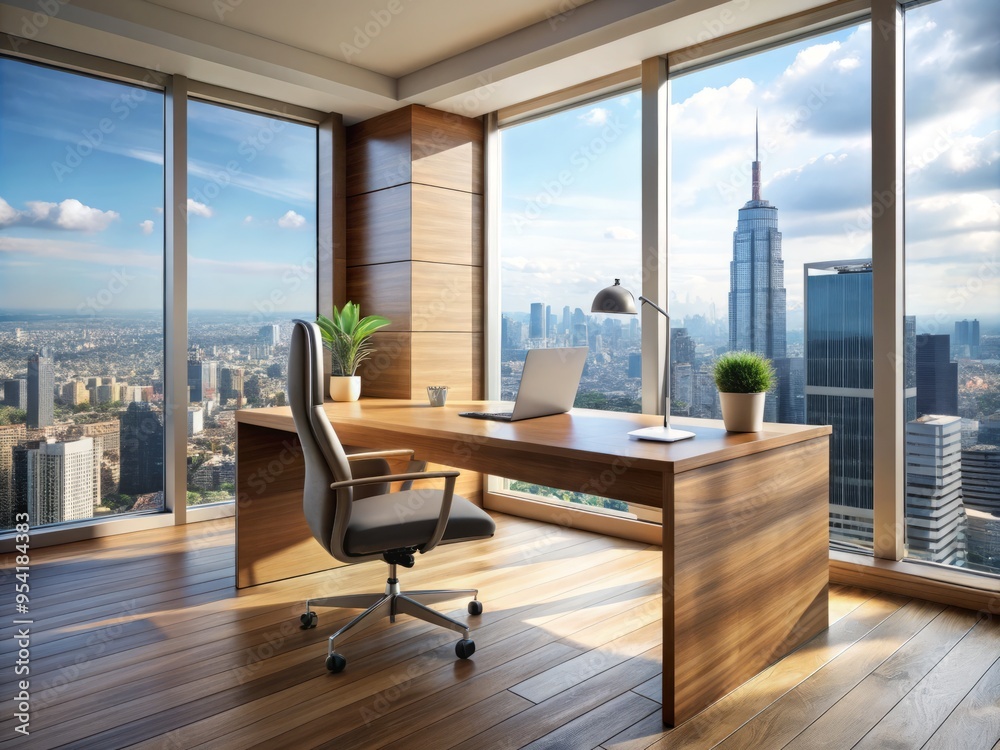 Modern sleek wooden desk with high-end ergonomic chair, surrounded by floor-to-ceiling windows, overlooking cityscape, Modern sleek wooden desk with high-end ergonomic chair, surrounded by floor-to-ceiling windows, overlooking cityscape,