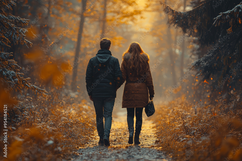A husband and wife walking together along a secluded trail, sharing a peaceful moment. Concept of nature and mutual support. A husband and wife walking together along a secluded trail, sharing a peaceful moment. Concept of nature and mutual support.