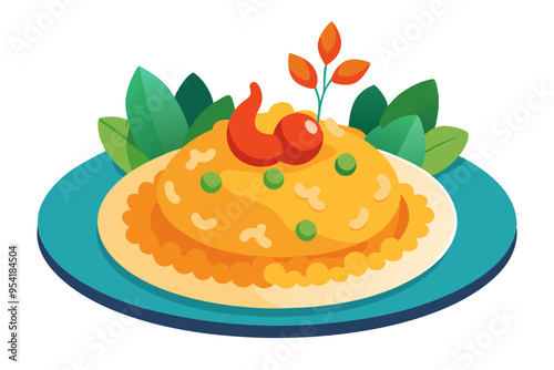 Delicious Bulgar Pilaf with Shrimps, Bell Peppers, and Greens - Vector Illustration