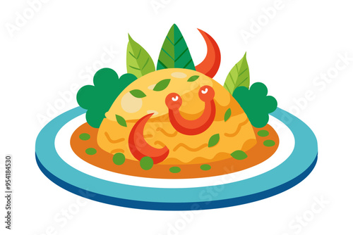 Delicious Bulgar Pilaf with Shrimps, Bell Peppers, and Greens - Vector Illustration