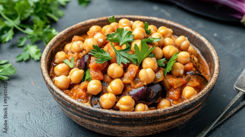 A delicious bowl of chickpea stew garnished with fresh herbs, showcasing vibrant colors and nutritious ingredients. A delicious bowl of chickpea stew garnished with fresh herbs, showcasing vibrant colors and nutritious ingredients.