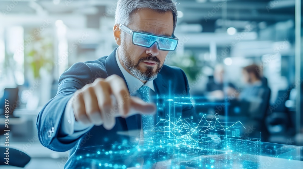 Businessman Using AR Glasses for Data Analysis Businessman Using AR Glasses for Data Analysis