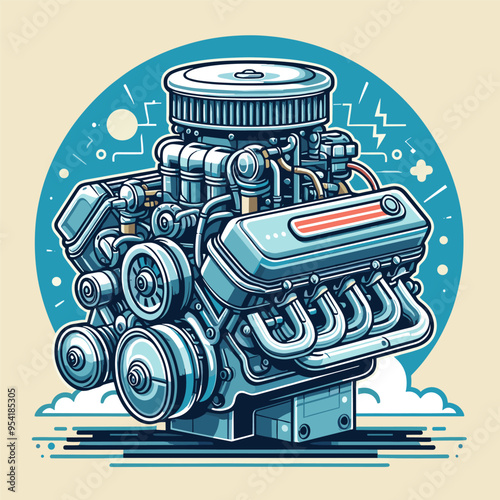 A cartoon drawing of a car engine with a red stripe