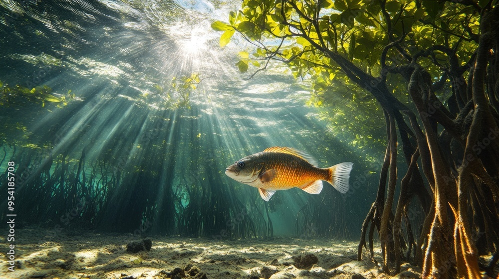 A fish swimming through a mangrove forest, with roots extending into the water and sunlight filtering through
