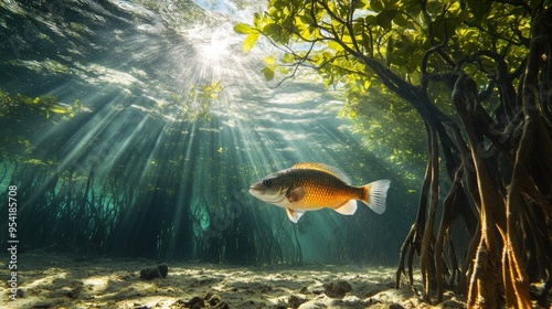 Obraz na płótnie A fish swimming through a mangrove forest, with roots extending into the water and sunlight filtering through w salonie
