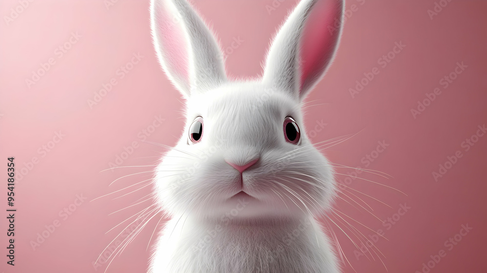 Close-up of a white bunny with pink ears looking at the camera against a pink background. Close-up of a white bunny with pink ears looking at the camera against a pink background.