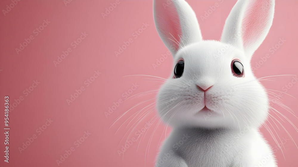 Close-up of a white bunny's face against a pink background. Close-up of a white bunny's face against a pink background.