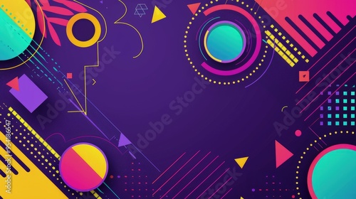 A vibrant abstract design featuring geometric shapes and colorful elements on a dark background.