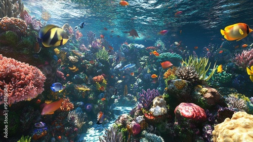 A vibrant coral reef teeming with fish of all sizes and colors, creating a lively underwater ecosystem