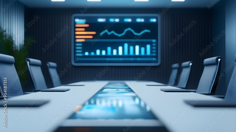 Empty Boardroom Table with Financial Data Screen Empty Boardroom Table with Financial Data Screen