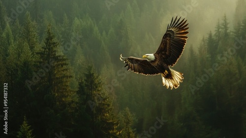 Bald eagle soaring over an expansive forest, symbolizing the wild and untamed spirit of nature photo