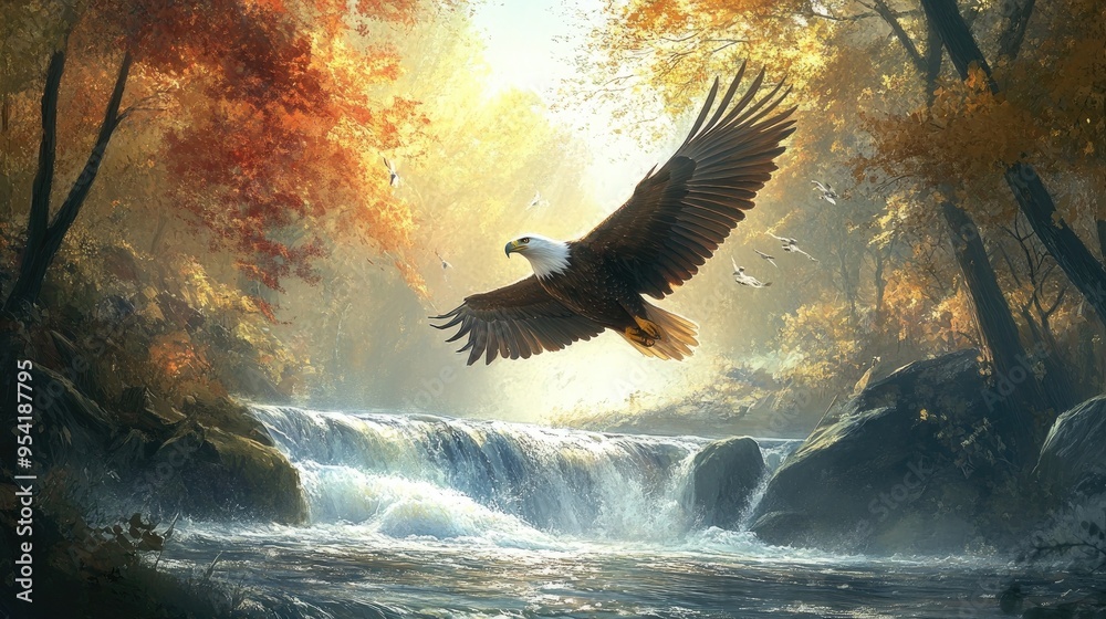 Fototapeta premium Eagle flying low over a river, wings skimming the water surface, representing the seamless connection between air and water
