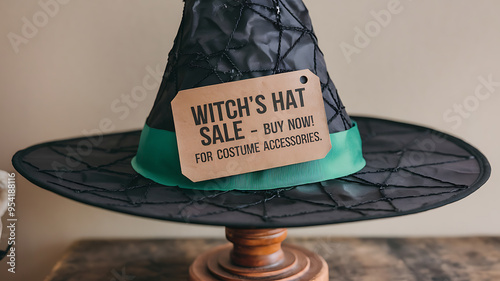 A black witch's hat with green ribbon and a brown tag for Halloween costume sales. 
