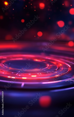 A vibrant abstract background featuring glowing red circles and dynamic light effects, perfect for technology-themed designs.