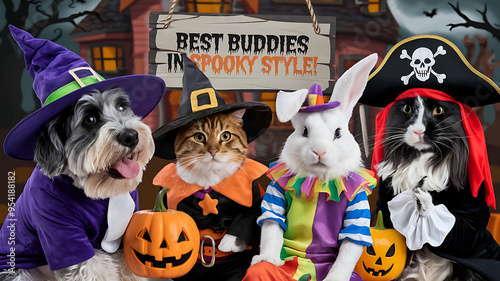Cute pets in Halloween costumes, orange and purple, adorable spooky fun, perfect for festive celebrations. 
