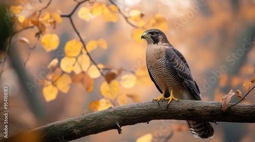 A Hawk Perched on a Branch in a Forest During Autumn