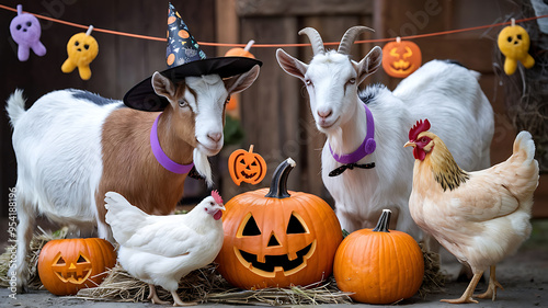 Two goats and a chicken wearing Halloween costumes with pumpkins, a fun and festive image for your Halloween projects. 
