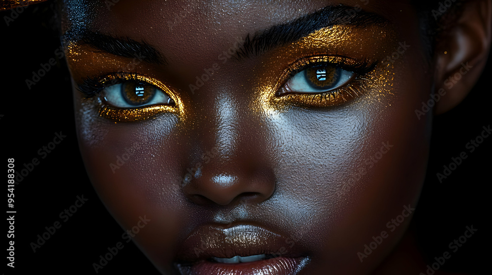Close-up of a woman's face with gold glitter makeup. Close-up of a woman's face with gold glitter makeup.
