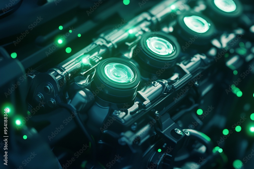 Fototapeta premium Close-up of a high-tech engine component illuminated with green lights, showcasing advanced mechanics and modern technology.