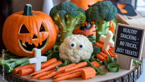 A carved orange pumpkin and a white cauliflower with googly eyes are the centerpieces of a Halloween snack platter with carrots and broccoli. 
