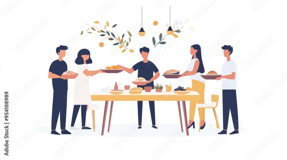 Group of people passing dishes around a table, symbolizing sharing, togetherness, and communal dining