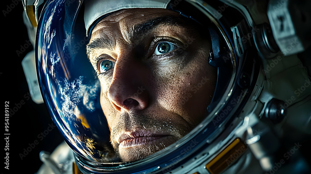 Close-up of an astronaut's face with Earth reflected in the visor. Close-up of an astronaut's face with Earth reflected in the visor.