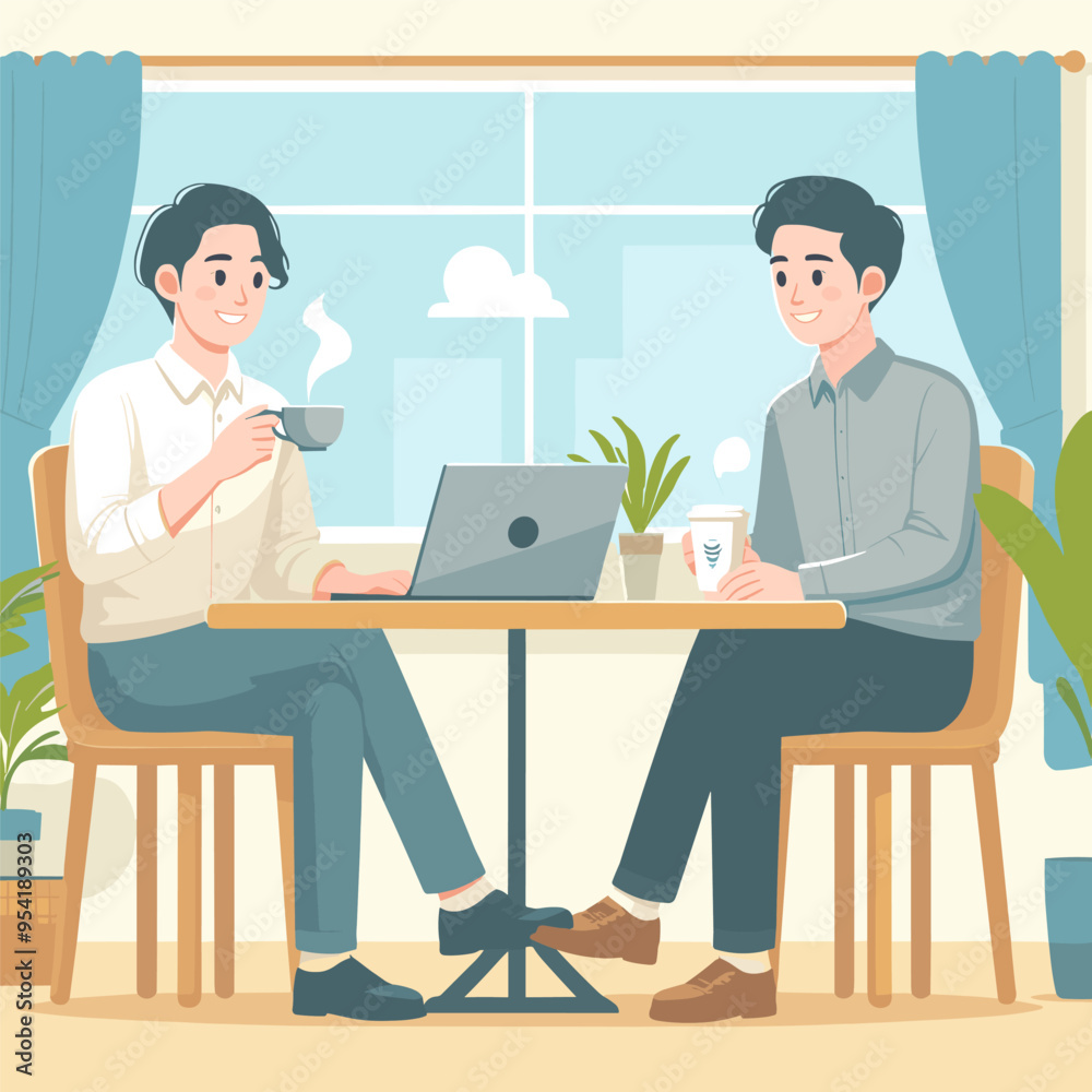 Two men sitting at a table with a laptop and cups of coffee. They are smiling and seem to be enjoying each other's company Two men sitting at a table with a laptop and cups of coffee. They are smiling and seem to be enjoying each other's company
