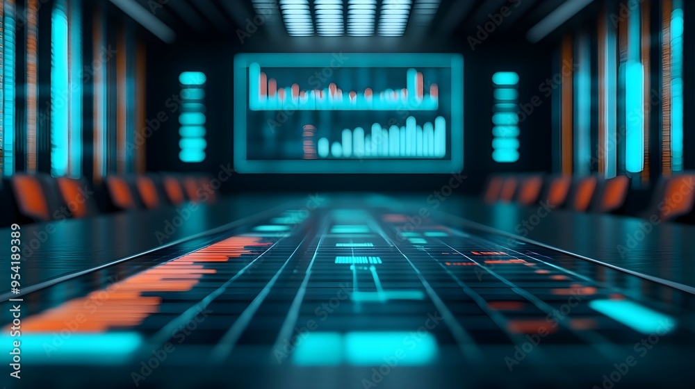 Futuristic Conference Room with Data Display Futuristic Conference Room with Data Display