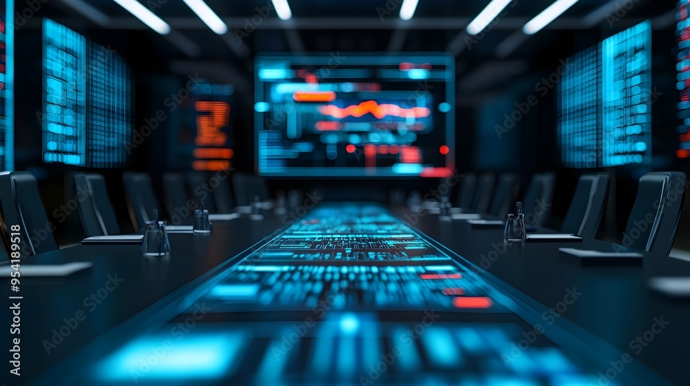 Futuristic Conference Room with Digital Interface Table Futuristic Conference Room with Digital Interface Table