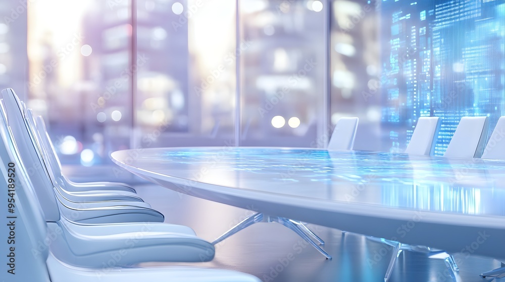 Futuristic Conference Room with Digital Table and City View Futuristic Conference Room with Digital Table and City View