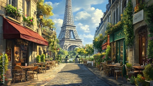 Fototapeta Naklejka Na Ścianę i Meble -  The Eiffel Tower as seen from a quaint Parisian street, with charming cafes and cobblestone sidewalks