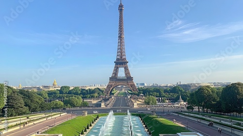 The Eiffel Tower as seen from the Gardens, with fountains and greenery in the foreground