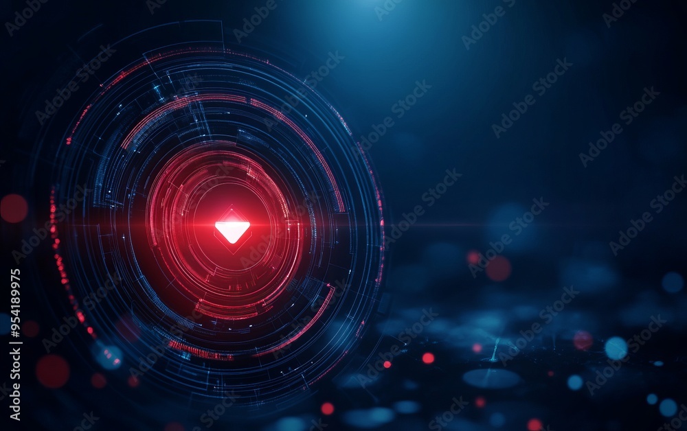 Obraz premium Futuristic design featuring a glowing red diamond shape within a digital circle, set against a dark blue backdrop.